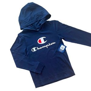 NWT Boys Navy CHAMPION Long Sleeved Hooded Tshirt